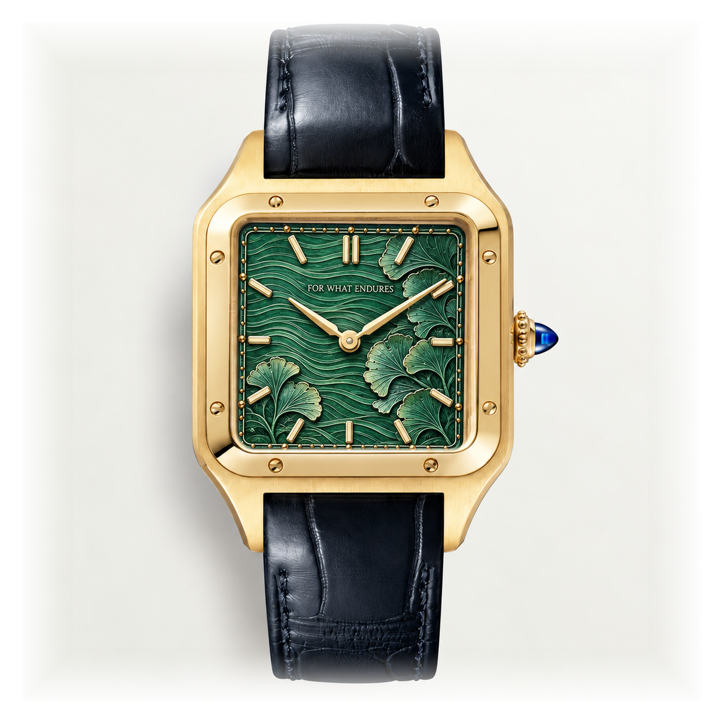 The unchanged gold Santos-Dumont case with its dial replaced by a green engraved botanical design