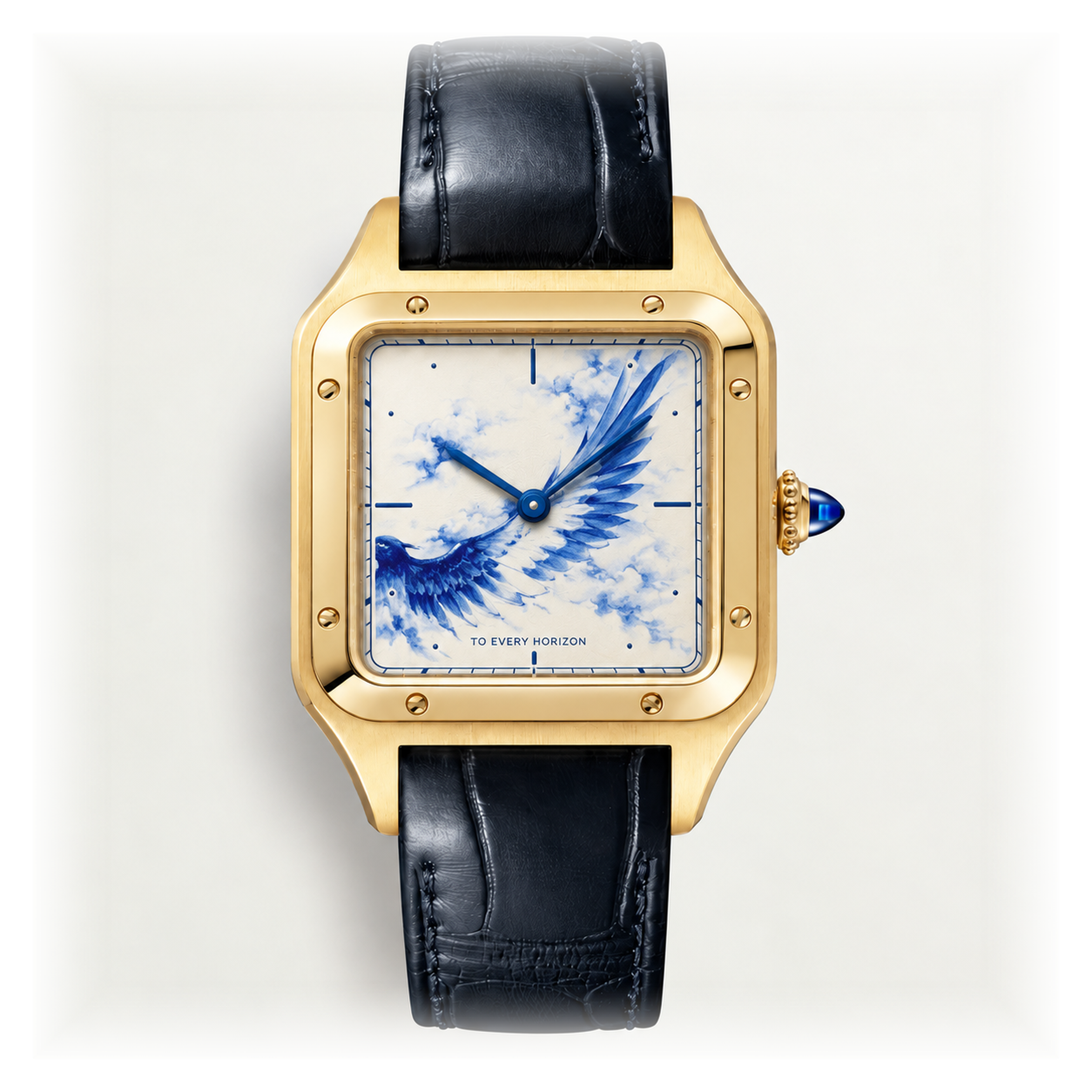 The unchanged gold Santos-Dumont case with its dial replaced by a blue enamel bird design