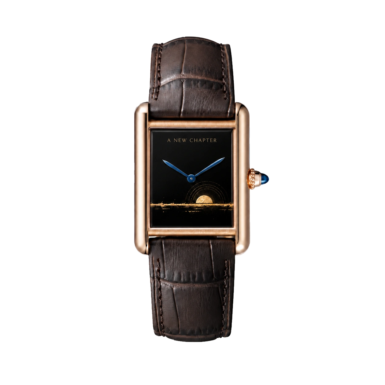 Rose-gold rectangular dress watch with a dark brown leather strap and bespoke black enamel dial, inscribed A New Chapter, with a delicate golden horizon
