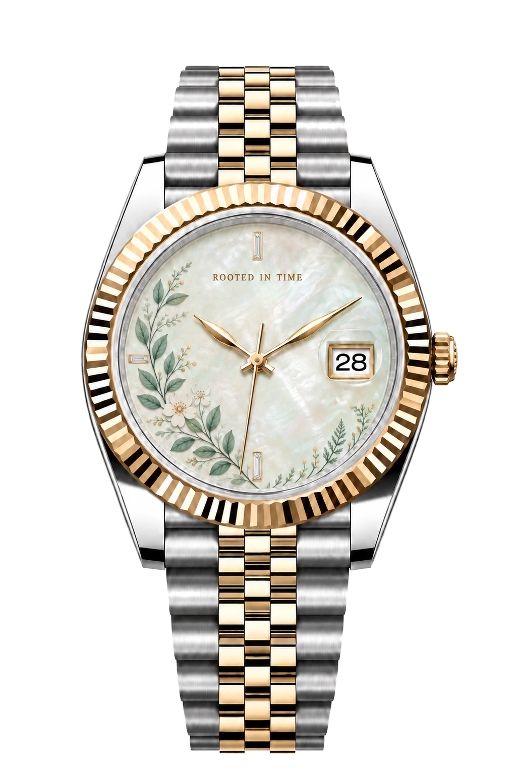 Two-tone wristwatch with an original botanical mother-of-pearl inspired custom dial, photographed against the same ivory background as the page
